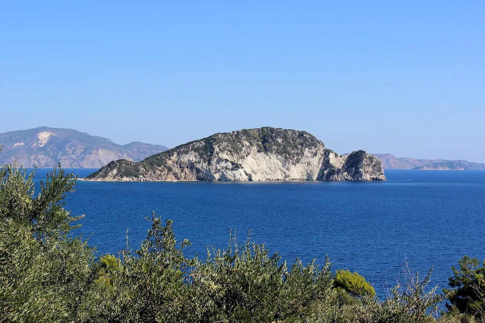 Marathonisi island viewed from a hillside overlook, framed by shoreline vegetation.