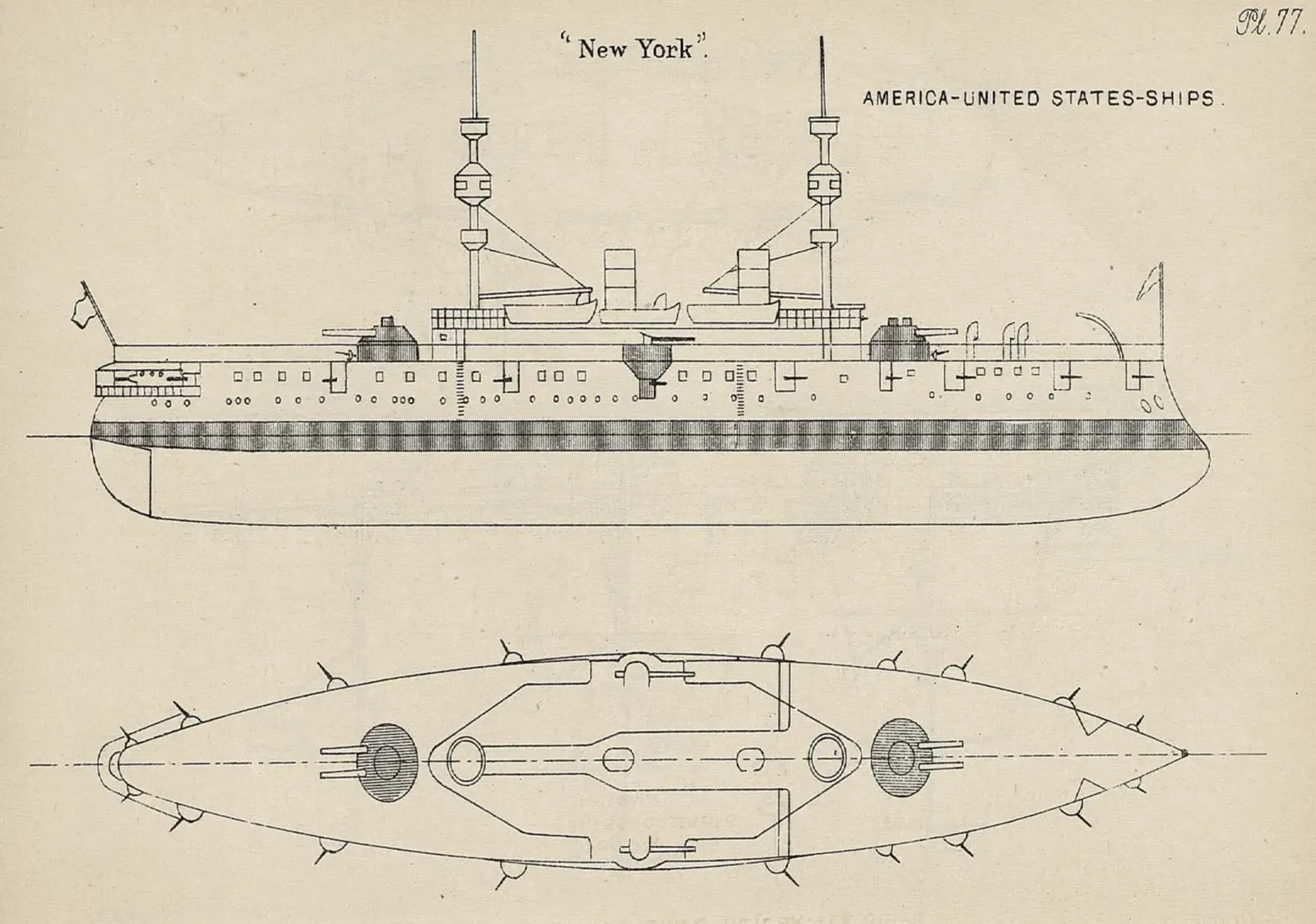 1894 naval reference drawing of the cruiser New York in profile and deck plan, showing her twin gun turrets and four funnels