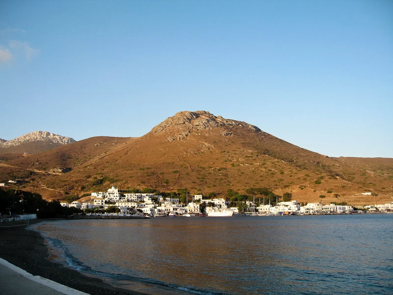 View across Katapola bay on Amorgos toward the white village and Moundoulia hill.