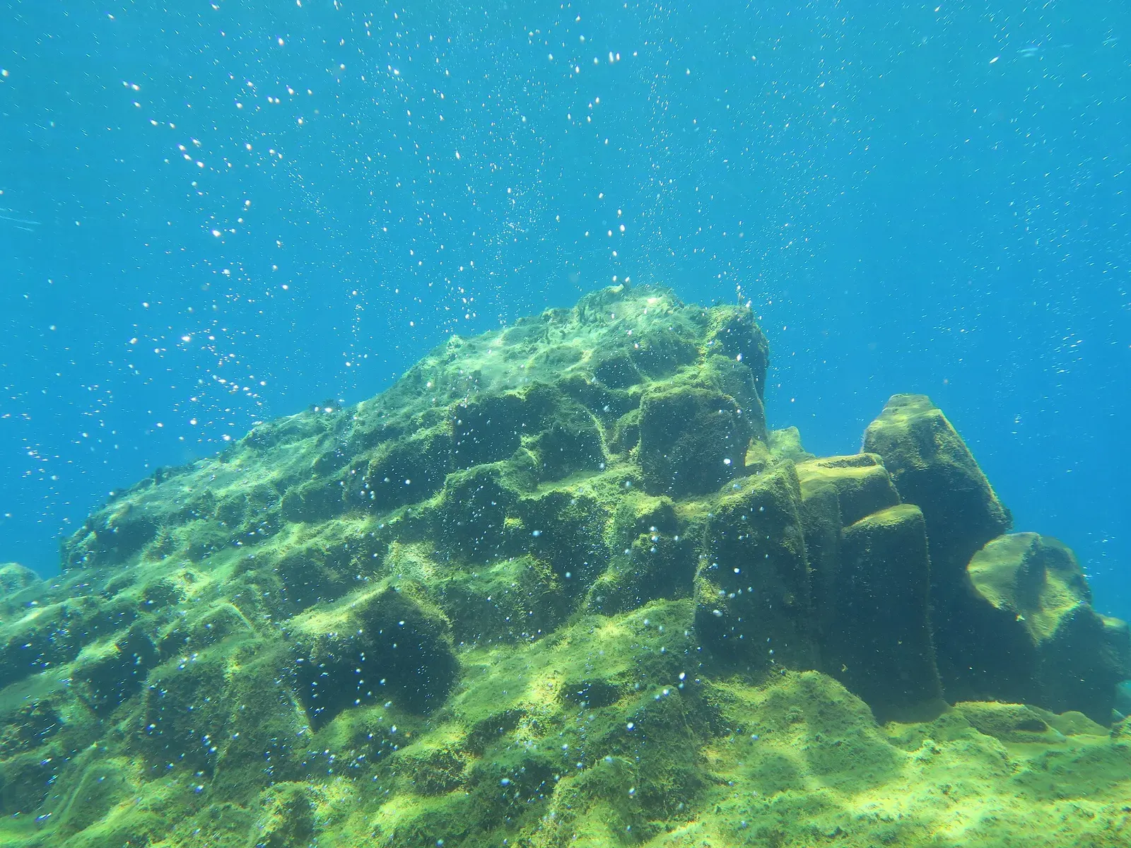 Underwater rock covered in green algae with streams of gas bubbles rising past it from the seafloor at Banua Wuhu.