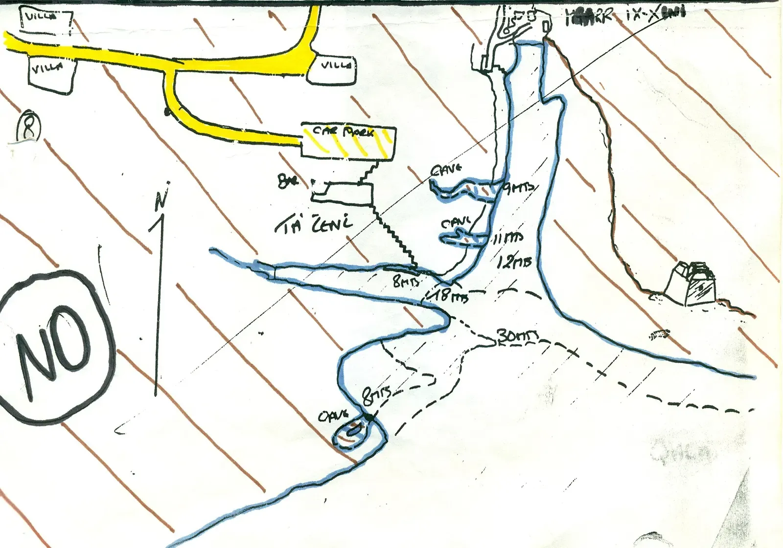 Hand-drawn sketch map of the Mgarr ix-Xini inlet with the shoreline, caves and depth marks in blue and the road in yellow — Gozo & Malta.
