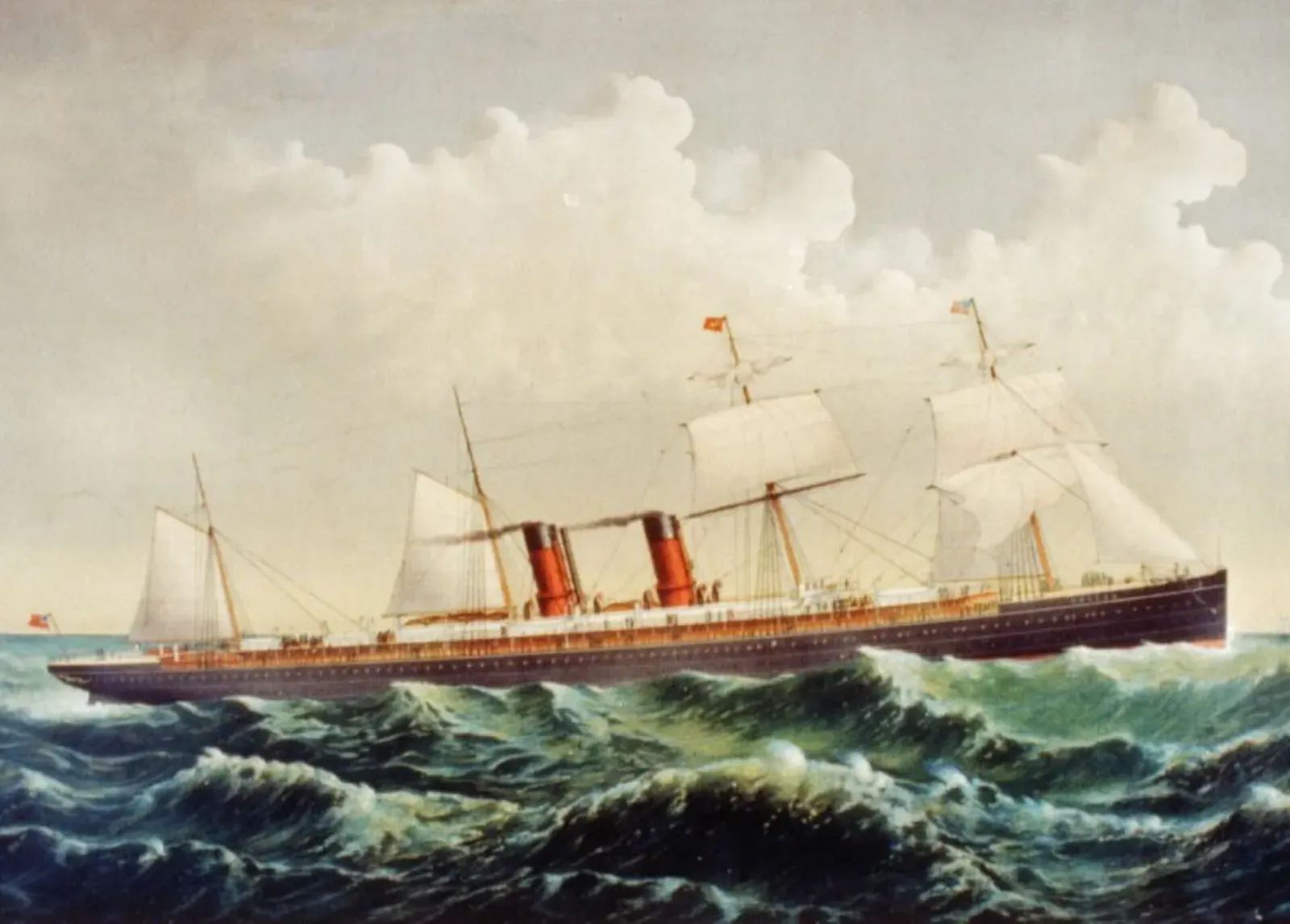 A color print of the four-masted steamship Oregon under sail and steam, cutting through green ocean swells.