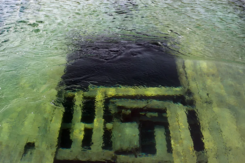 Close view of a lattice of wooden hull ribs and planking underwater — Sweepstakes, Tobermory
