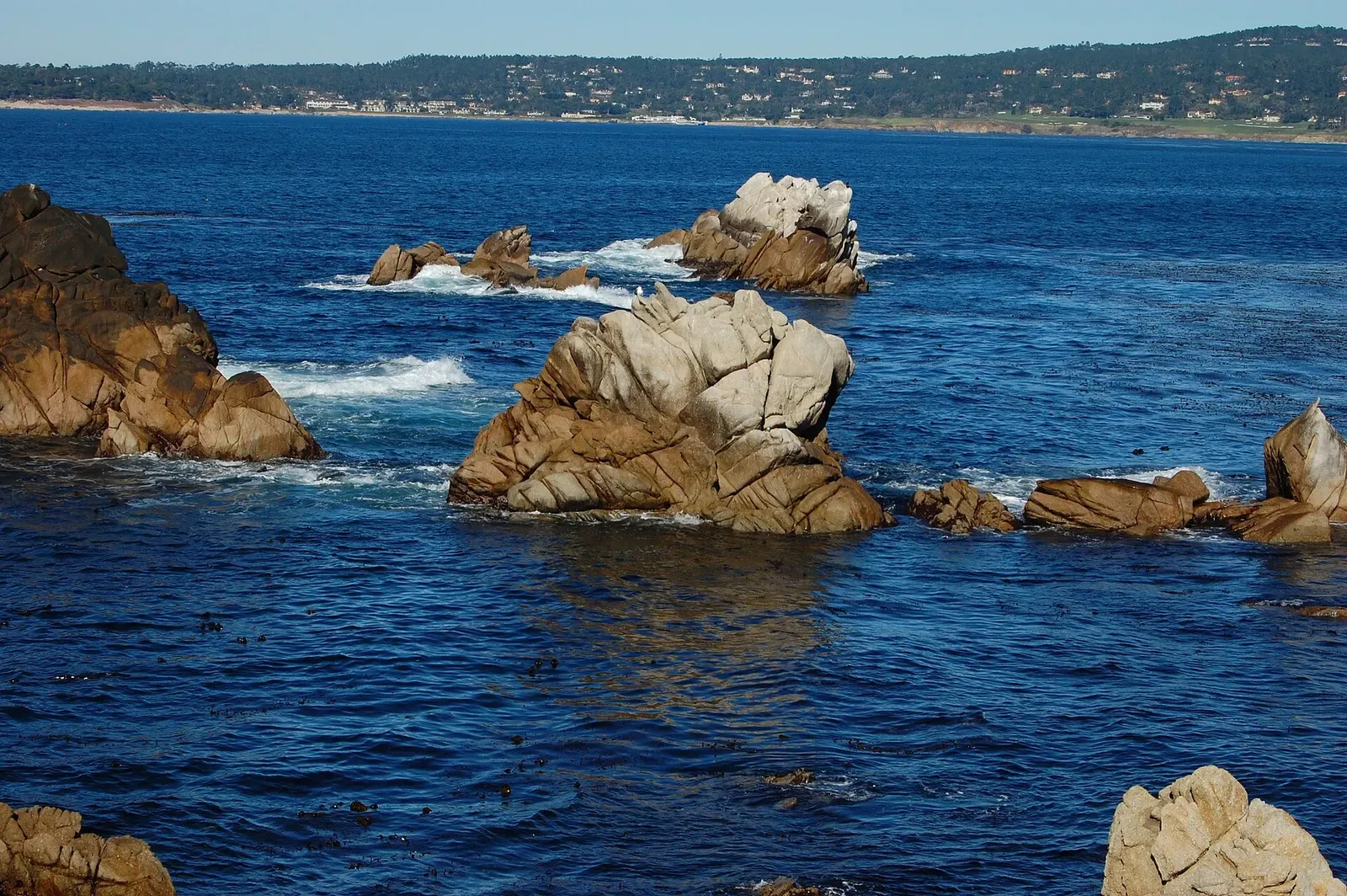 Lichen-covered granite in the foreground with an offshore rock breaking the swell at Whalers Cove — Monterey Bay