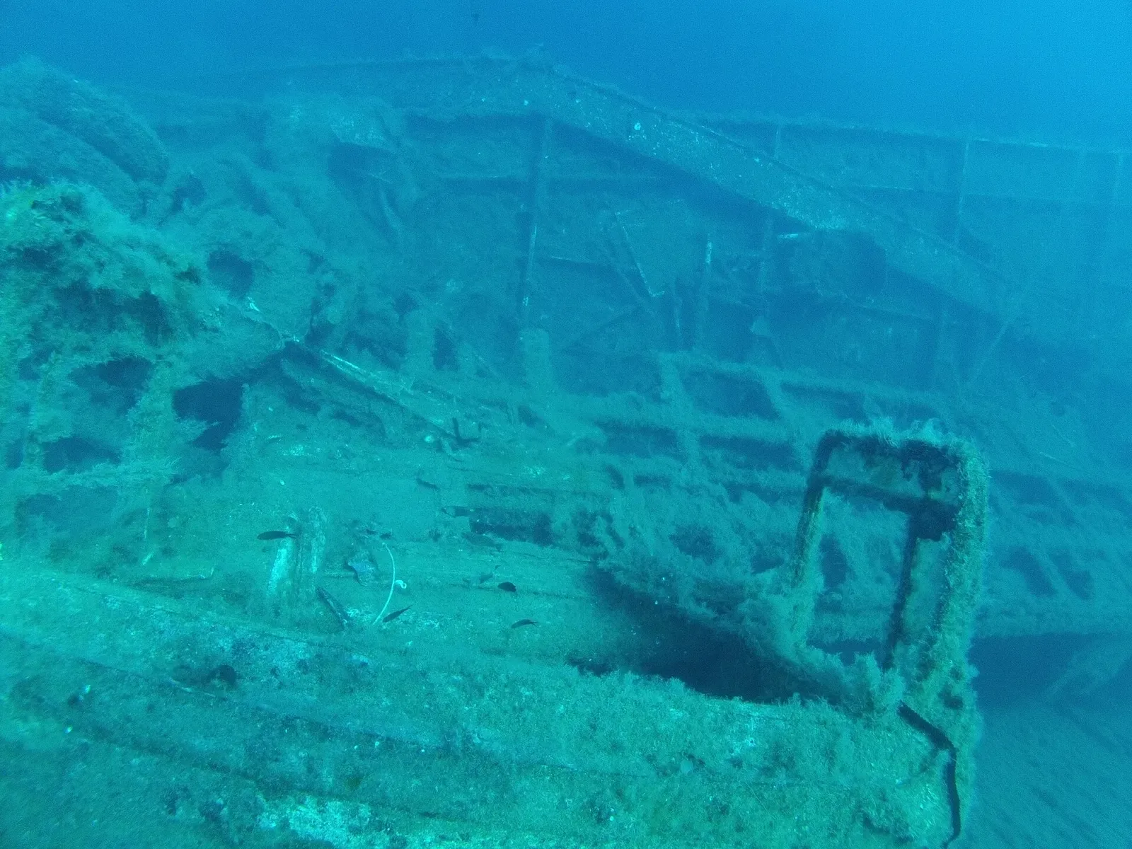 Turquoise water view of the Zenobia's hull structure rising from the seabed — Zenobia Wreck