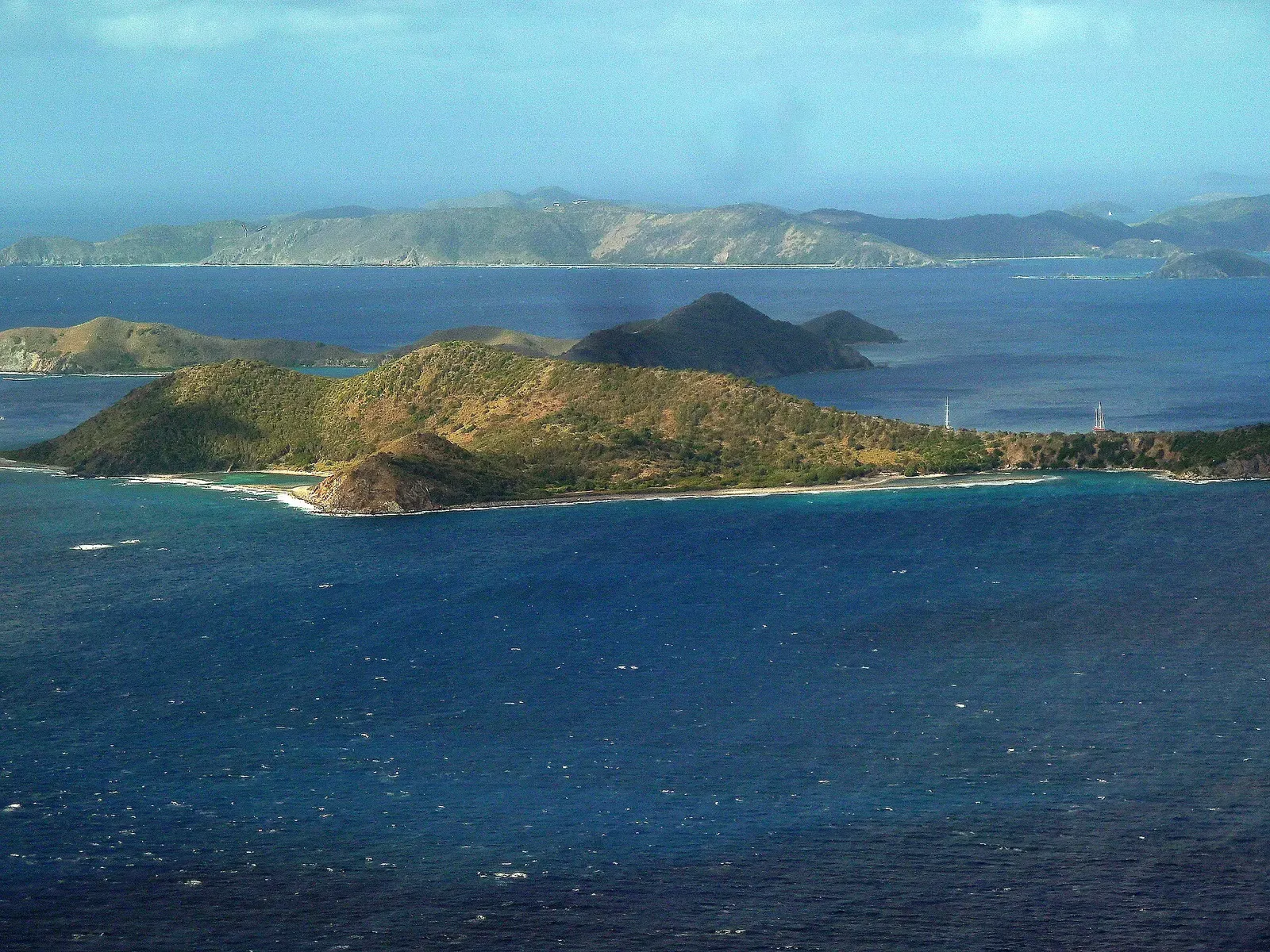 A view across Sir Francis Drake Channel to Cooper Island, Salt Island and Peter Island in the British Virgin Islands.