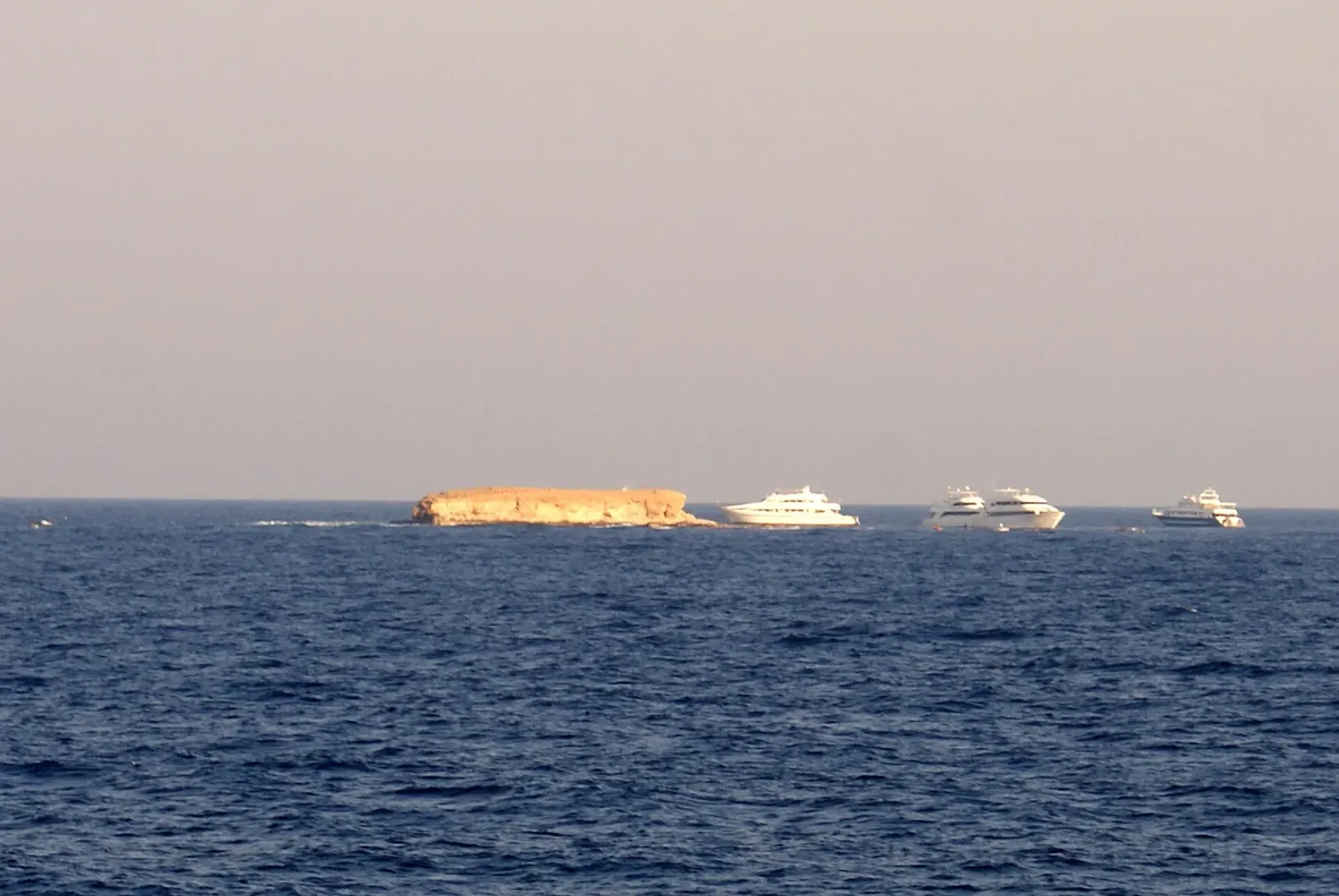 Little Brother Island viewed from the sea, with liveaboard boats anchored offshore — Brothers & Daedalus