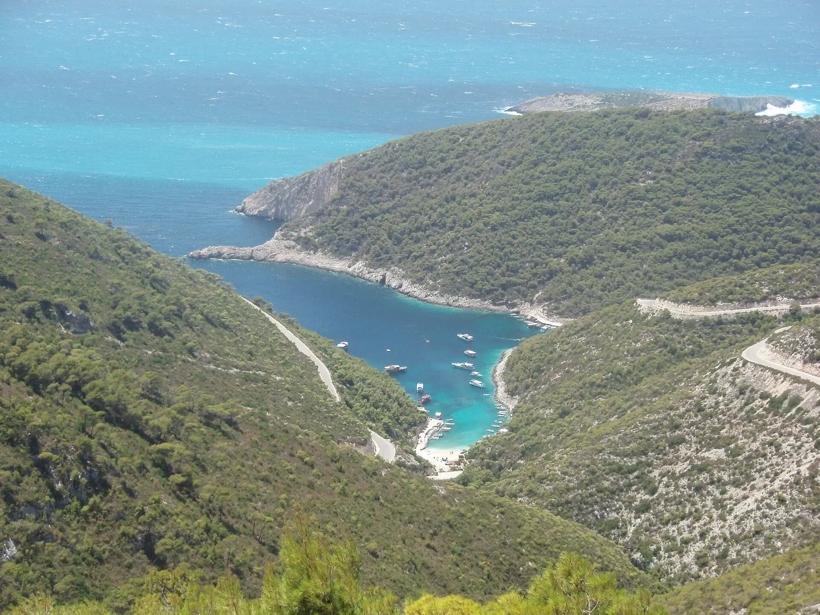 Turquoise bay of Porto Vromi seen from the hills above, on Zakynthos's Maries coast.
