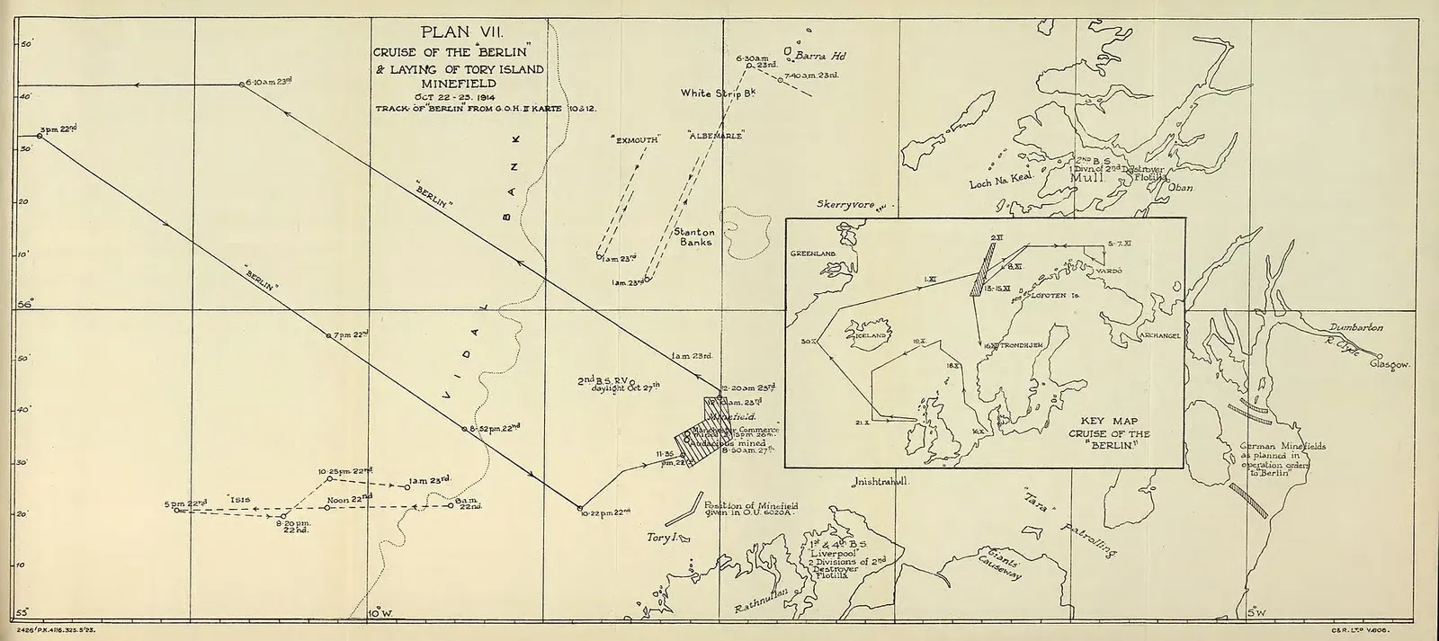Admiralty chart plotting the German minefield off Tory Island and the courses of British warships, including Audacious — HMS Audacious, Malin Head.