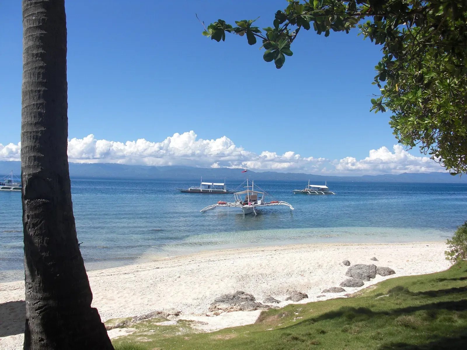 Outrigger boats floating over pale shallows off the Loon coast — Cabilao