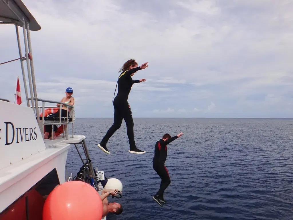 Two divers in wetsuits step off the stern of a dive boat into open blue water off Little Cayman