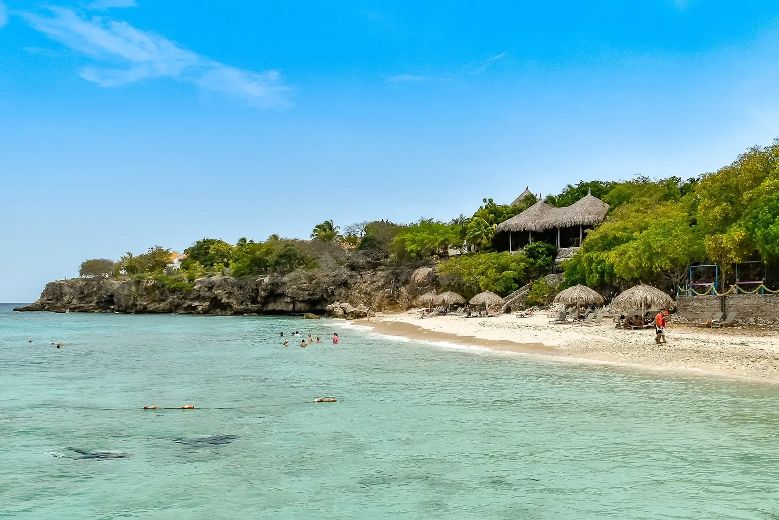 Aerial view of the sandy beach and turquoise water at Playa Kalki on Curaçao's western point
