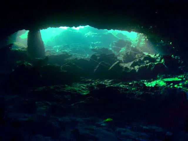 Looking out from inside the Peacock Springs cave towards the green daylight of the entrance, with a guideline strung across the rocks