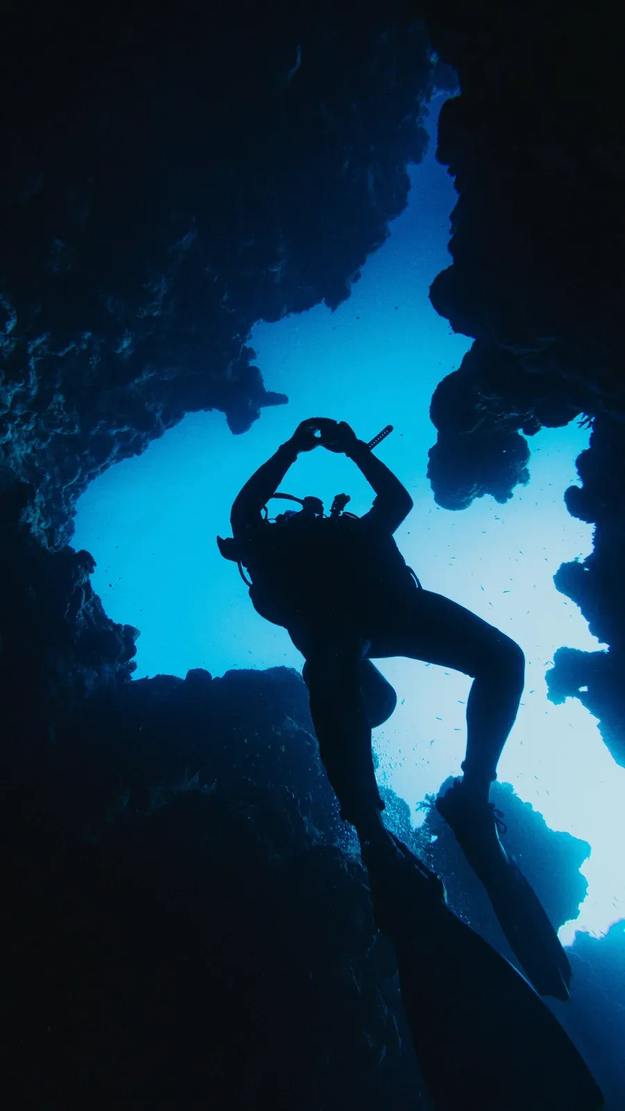 A diver silhouetted against the bright entrance of a cavern, seen from inside