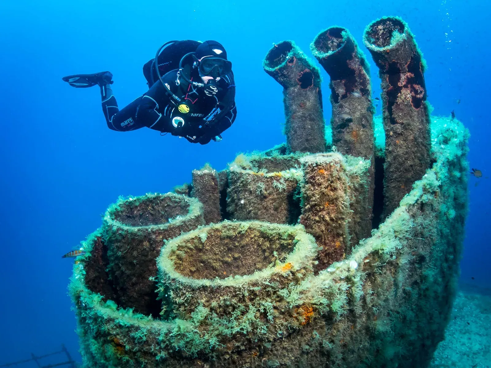 A diver in a black wetsuit hovering beside the weed-covered funnel and exhaust stacks of a sunken ship in clear blue water