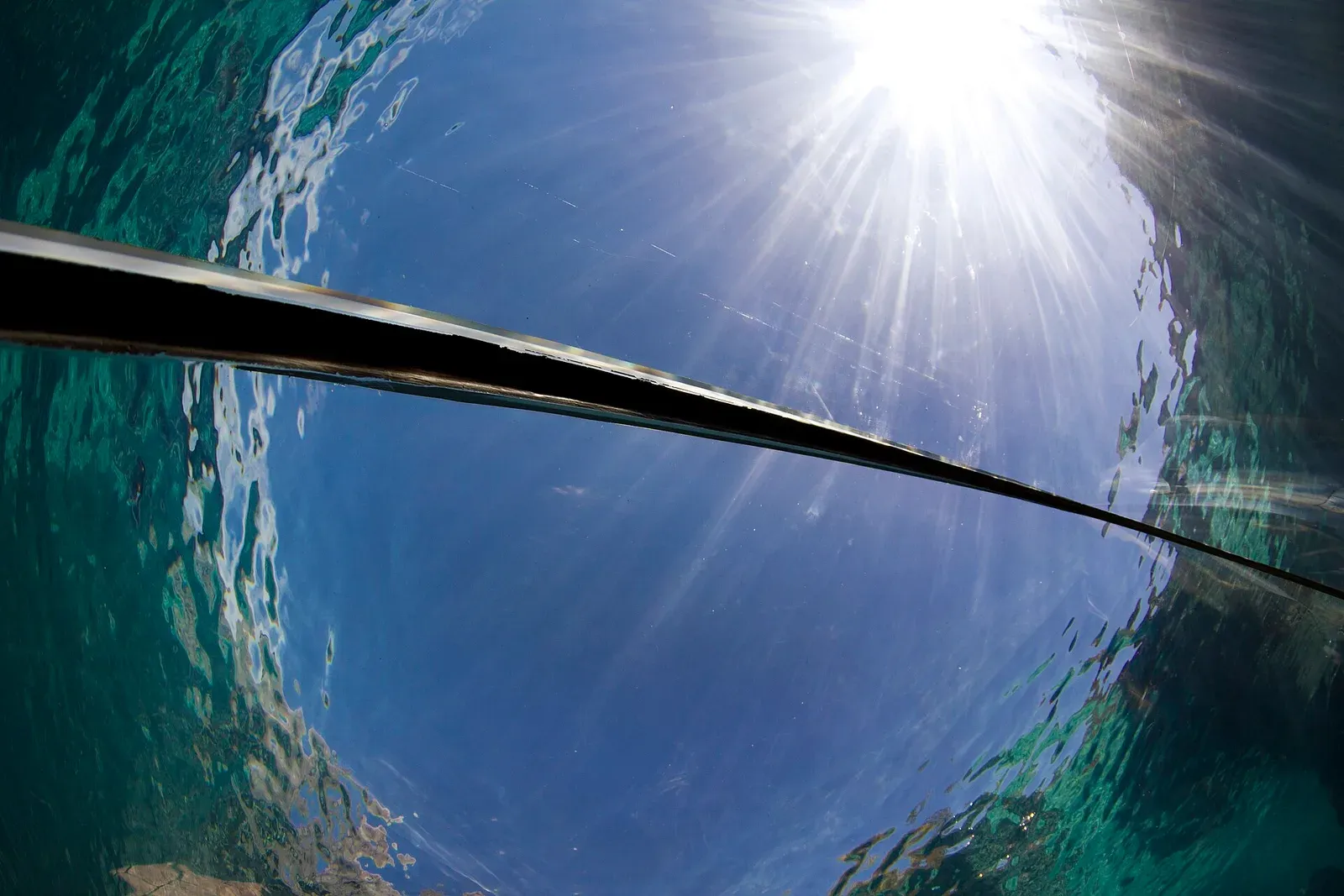 Straight up from underwater: the sun blazes in a circular window of blue sky crossed by a dark rail; outside the disc the surface mirrors the green floor