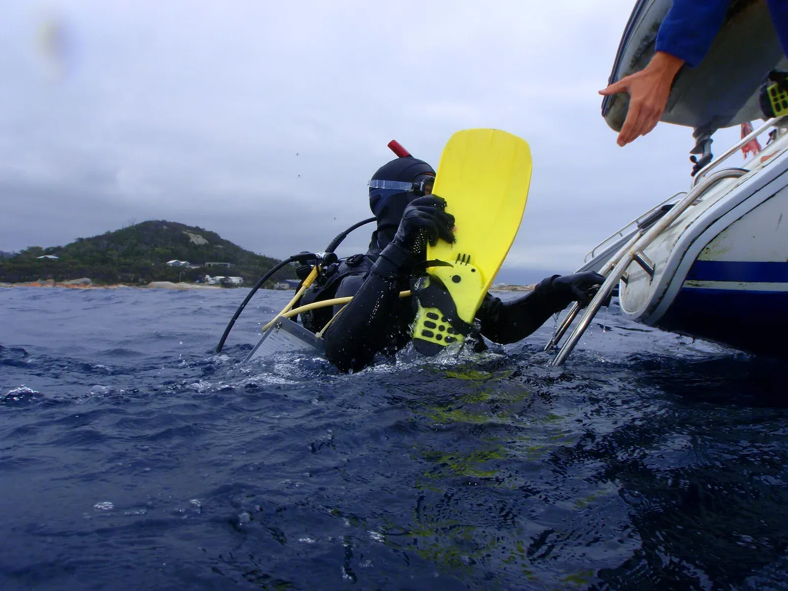 A wetsuited diver at the stern ladder of a dive boat hands a yellow fin up to a crew member's outstretched hand.