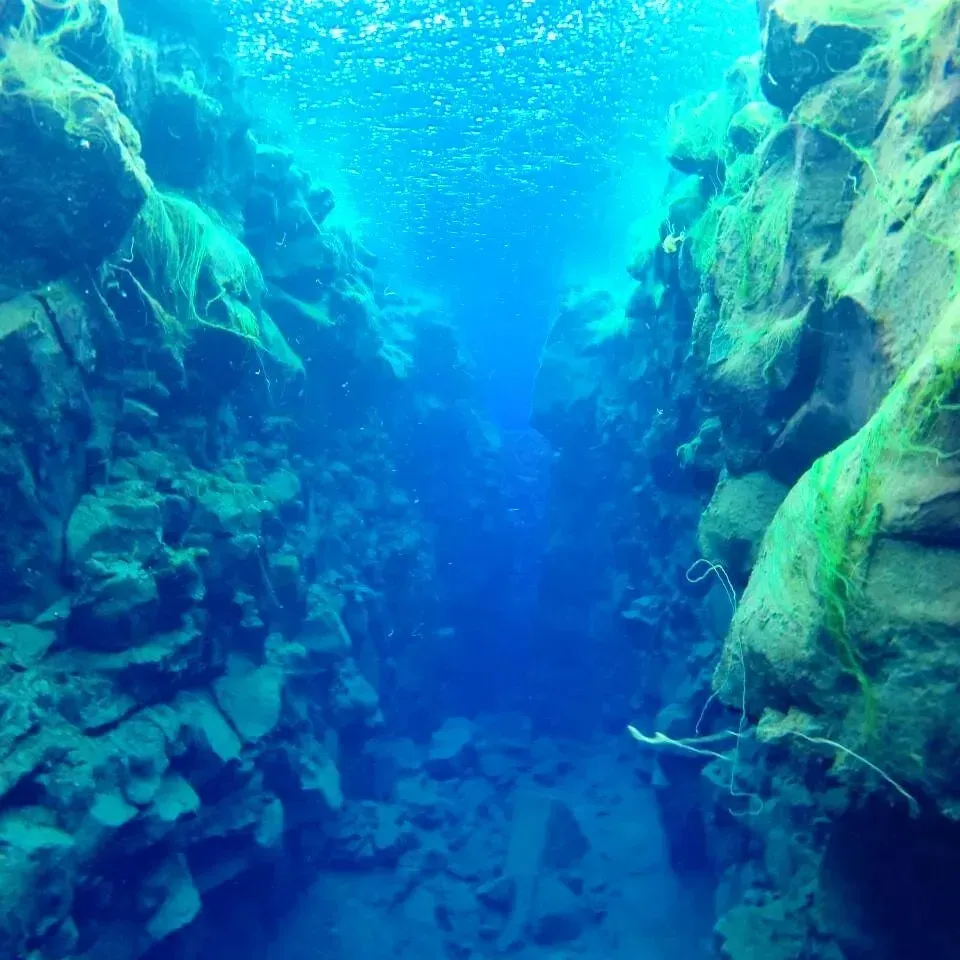 Looking along Silfra's underwater fissure, algae-covered basalt walls running away into blue distance.